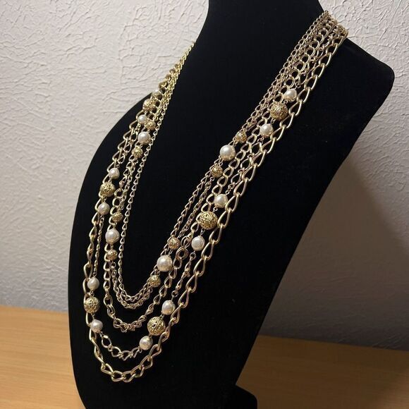 Gold-Tone Faux Pearl Bead Multi Chain Statement Necklace 34.5 in 5 Strand - Picture 7 of 16